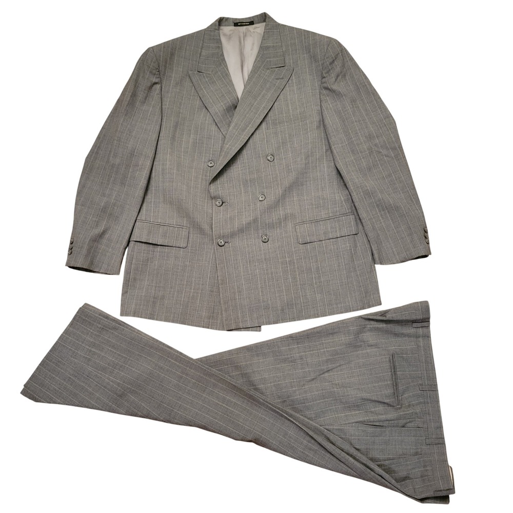 Givenchy Monsieur 52R Grey Plaid 2 Pc Suit Pleated Pants Wool Double Breasted